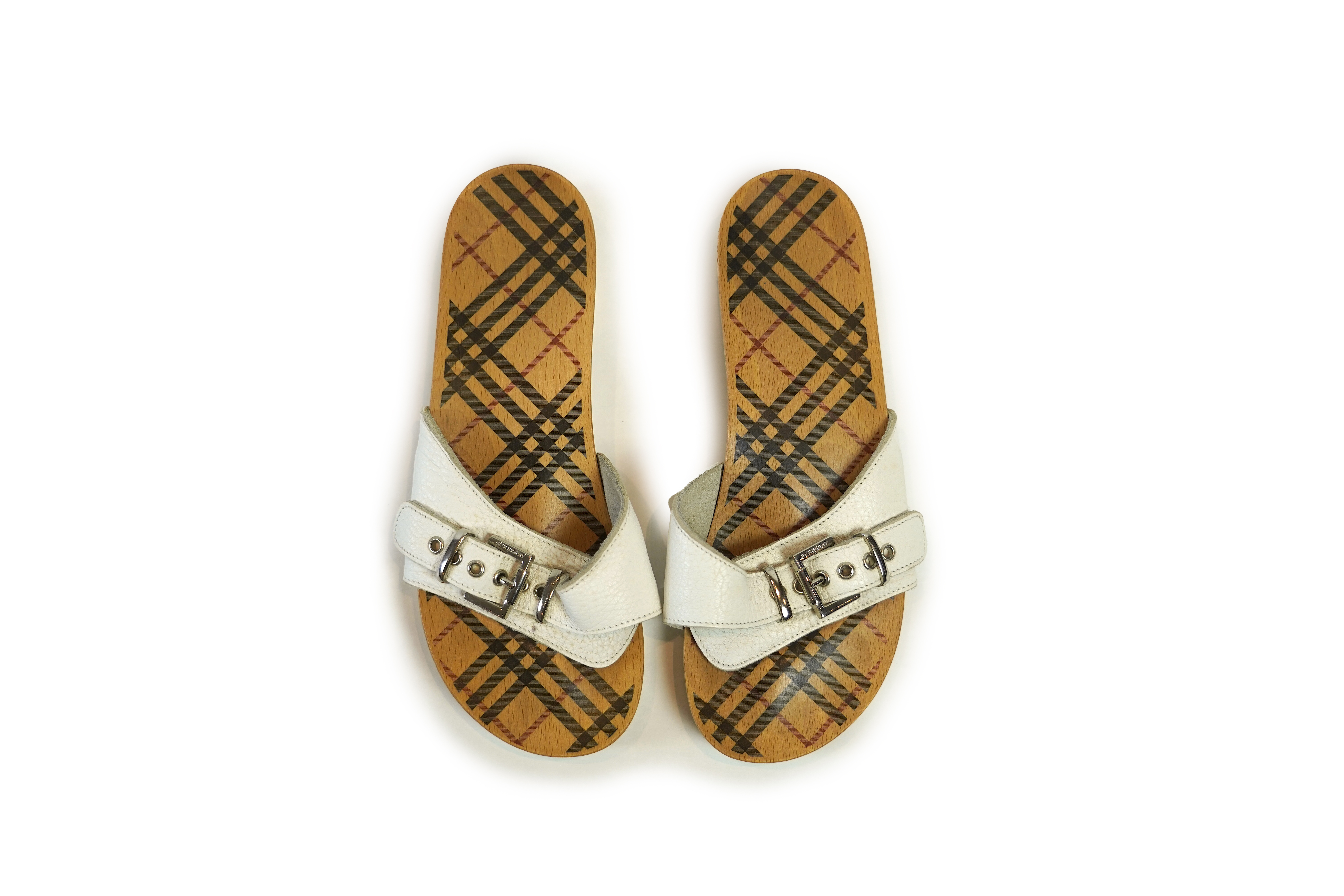 A pair of vintage Burberry white leather clog slides, with dust bag. Size 39